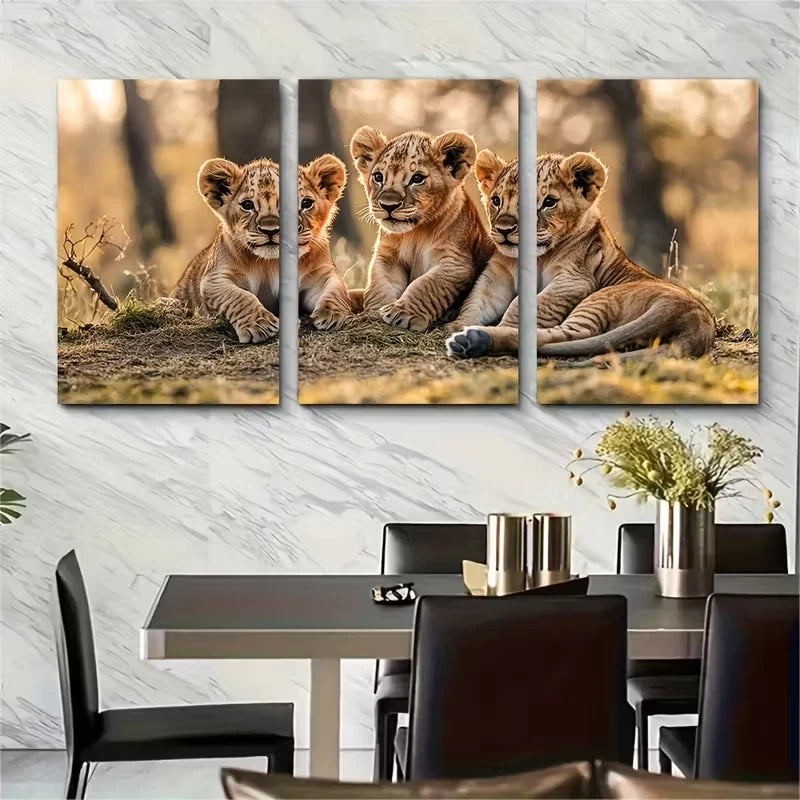 3pcs Lion Cubs Playing Together Metal Print Ready to Hang Art