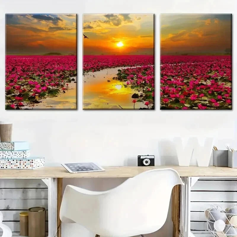 3pcs Sunrise Flowers And Oceans Décor Perfect Wall Art Set Canvas Framed 60x90cm - High Quality Print 100% Australian Made Wall Canvas Ready to Hang - Bella Home Decor
