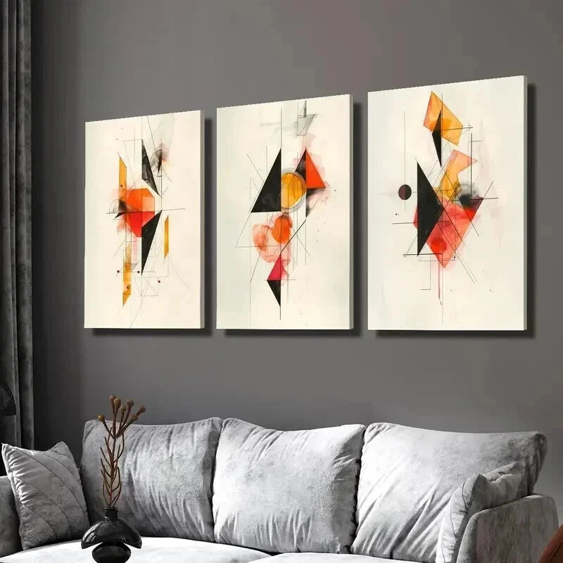 3pcs Retro Abstract Geometric Shapes Wall Art Set Canvas Framed 60x90cm - High Quality Print 100% Australian Made Wall Canvas Ready to Hang