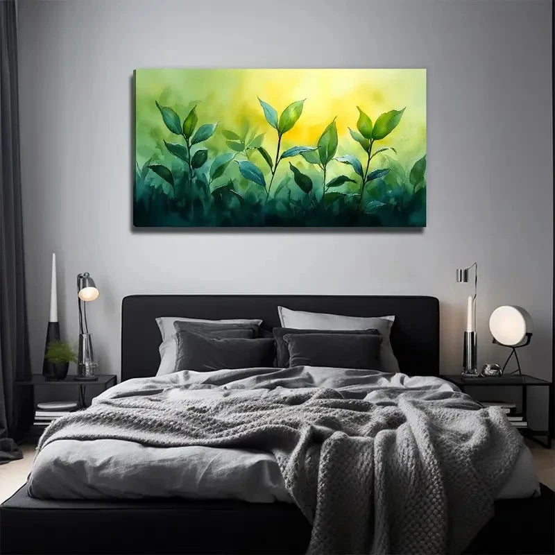Vibrant Leaf Green & Yellow Wall Art Canvas Office Home Room Framed 120x60cm