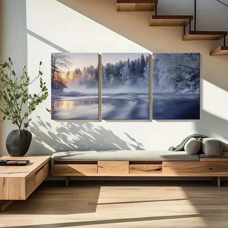 3pcs Snowy Forest Misty Landscape Serene River Wall Art Set Canvas Framed 50x70cm - High Quality Print 100% Australian Made Wall Canvas Ready to Hang - Bella Home Decor