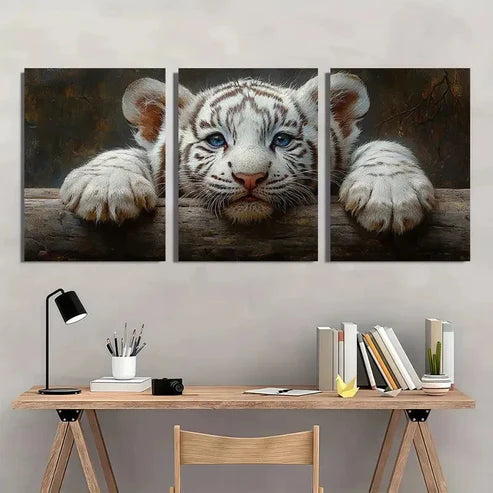 3pcs Vibrant White Tiger Cub Wall Art Set Canvas Unframed - High Quality Print 100% Australian Made Wall Canvas