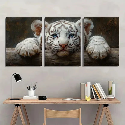 3pcs Vibrant White Tiger Cub Wall Art Set Canvas Unframed - High Quality Print 100% Australian Made Wall Canvas