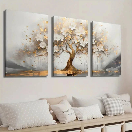 3pcs Abstract Golden Tree with White Flowers Wall Art Set Canvas Framed 60x90cm - High Quality Print 100% Australian Made Wall Canvas Ready to Hang