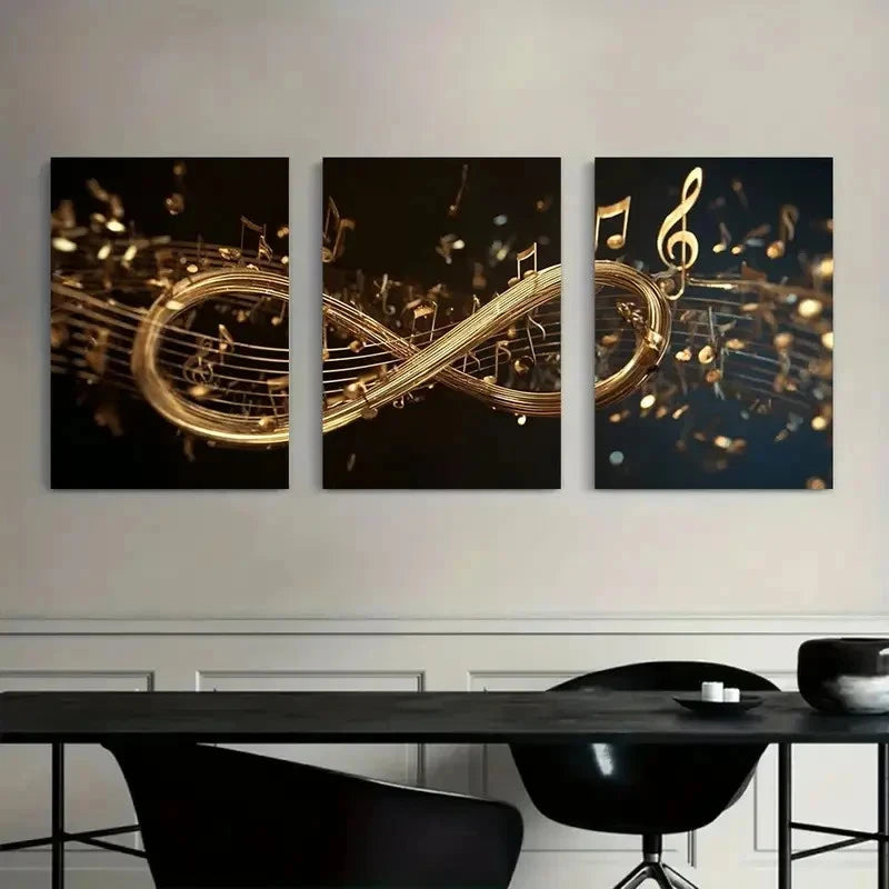 3pcs Golden Musical Notes Flowing Around Infinity Metal Print Ready to Hang Art - Bella Home Decor