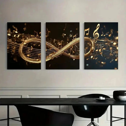 3pcs Golden Musical Notes Flowing Around Infinity Metal Print Ready to Hang Art - Bella Home Decor