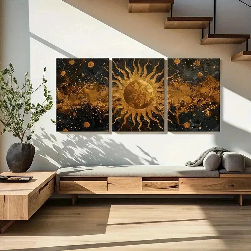 3pcs Golden Sun & Celestial Retro Space Design  Wall Art Set Canvas Framed 40x60cm - High Quality Print 100% Australian Made Wall Canvas Ready to Hang - Bella Home Decor