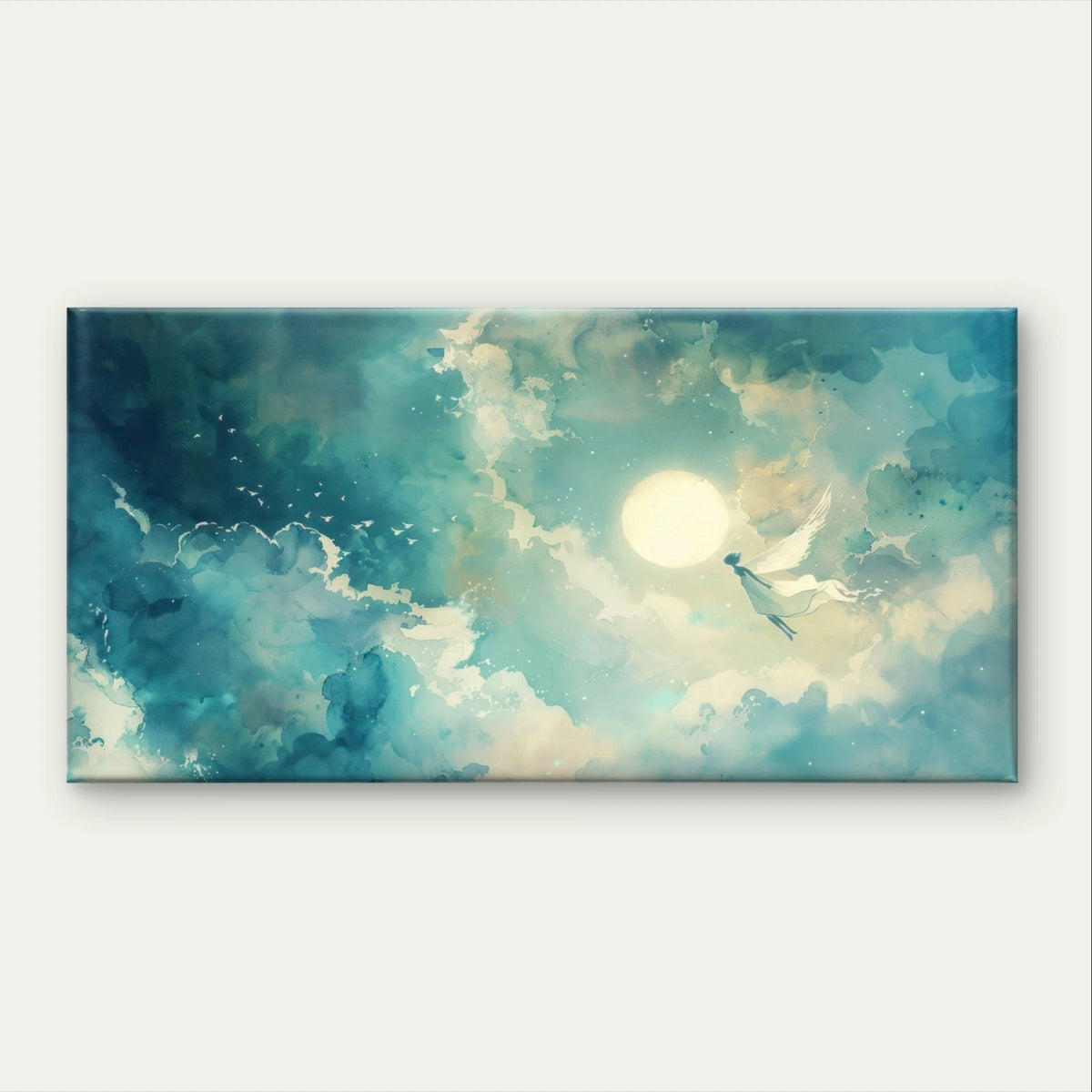 Minimalist Moonlit Fairy and Clouds Wall Art Canvas Office Home Framed 120x60cm