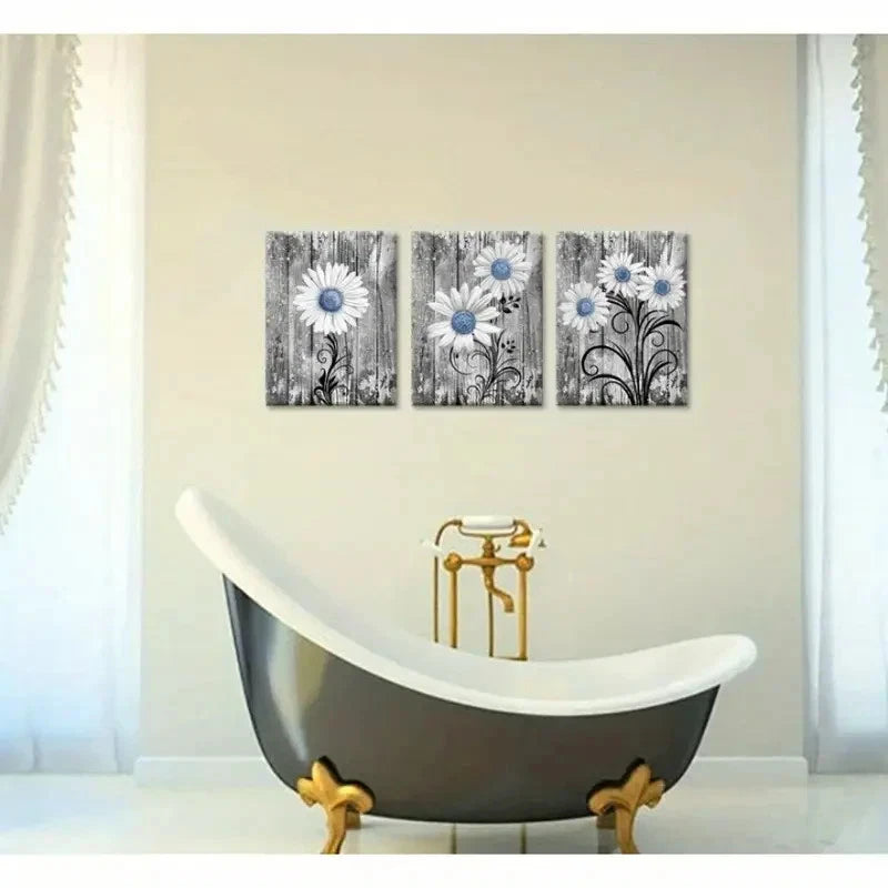 3pcs Rustic Blue Daisy Wall Art Design Metal Print Ready to Hang Art - Bella Home Decor