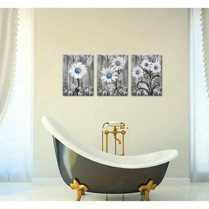3pcs Rustic Blue Daisy Wall Art Design Metal Print Ready to Hang Art - Bella Home Decor