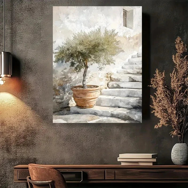 Beautiful Vintage Potted Tree Painting 40x60cm Metal Print Ready to Hang - Bella Home Decor