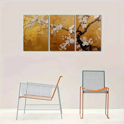 3pcs Golden White Cherry Blossom Metal Print Ready to Hang Art - Bella Home Decor