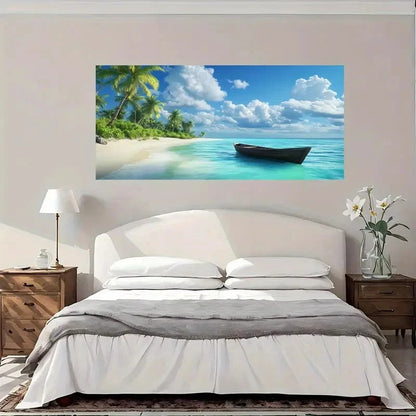 Turquoise Ocean Palm Trees Boat Wall Art Canvas Office Home Room Framed 120x60cm