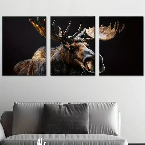 3pcs Retro Simple Elk Animal in Dark Black Wall Art Canvas Unframed - High Quality Print 100% Australian Made Wall Canvas