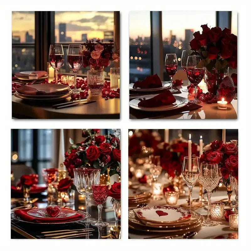 4pcs Delicate Romantic Love Restaurant Rose Wine Wall Art Canvas Framed