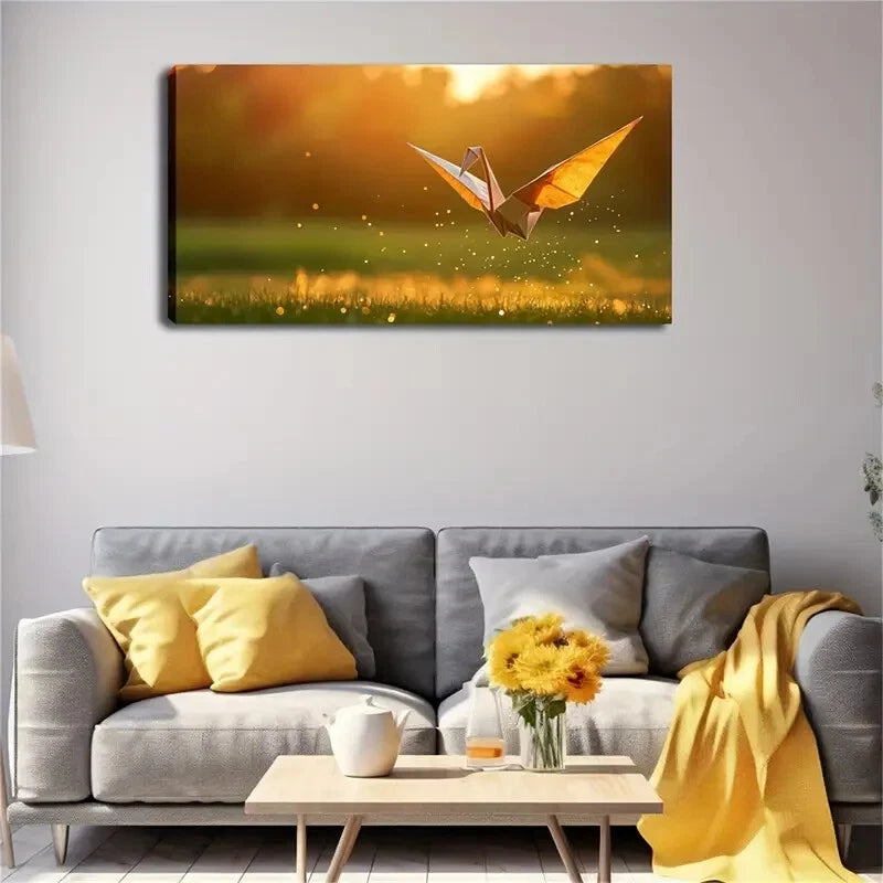 Flying Origami Crane Over Grass Wall Art Canvas Office Home Room Framed 120x60cm - Bella Home Decor