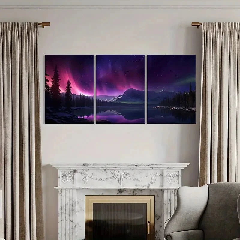 3pcs Aurora Borealis Mountain Range Starry Sky Metal Print Ready to Hang Art - Bella Home Decor