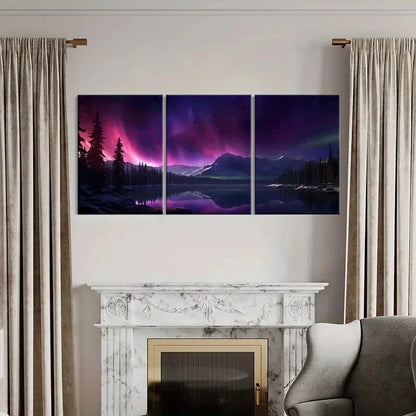 3pcs Aurora Borealis Mountain Range Starry Sky Metal Print Ready to Hang Art - Bella Home Decor