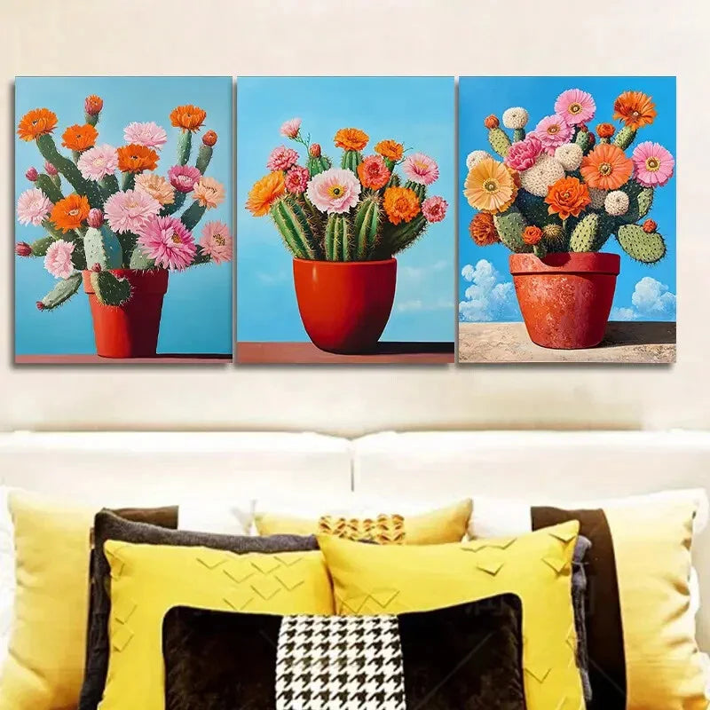 3pcs Vibrant Cactus & Flower Wall Art Set Canvas Unframed - High Quality Print 100% Australian Made Wall Canvas