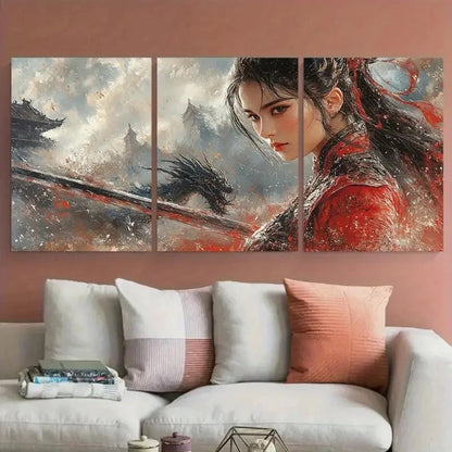 3pcs Asian Warrior Lady with Sword Dragon Fantasy Metal Print Ready to Hang Art - Bella Home Decor