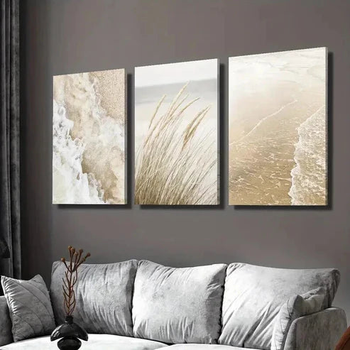 3pcs Seaside Plant Painting Beige Wavy Style Wall Art Canvas Unframed - High Quality Print 100% Australian Made Wall Canvas
