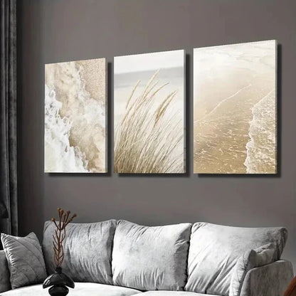3pcs Seaside Plant Painting Beige Wavy Style Wall Art Canvas Unframed - High Quality Print 100% Australian Made Wall Canvas
