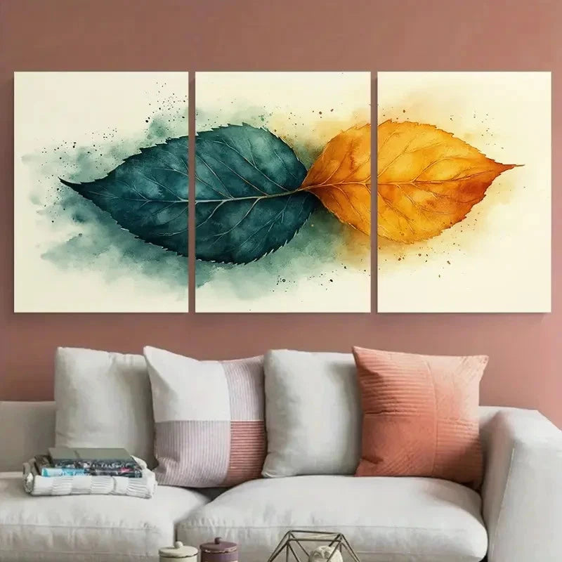 3pcs Modern Green Golden Abstract Leaf Metal Print Ready to Hang Art - Bella Home Decor
