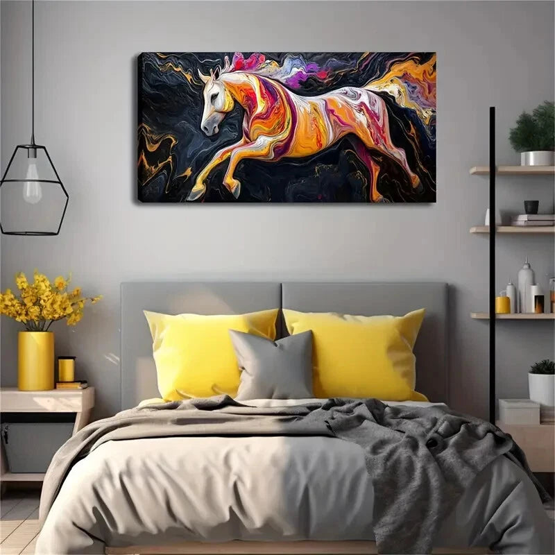 White Horse Running on Black Wall Art Canvas Office Home Room Framed 120x60cm - Bella Home Decor