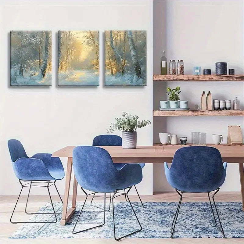 3pcs Golden Sunlight Winter Forest Landscape Metal Print Ready to Hang Art - Bella Home Decor