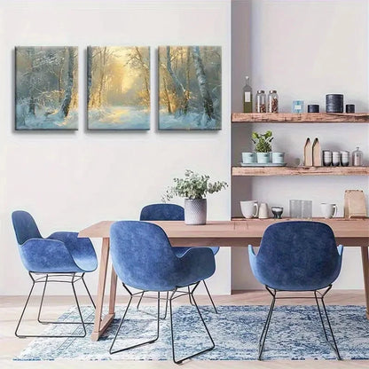 3pcs Golden Sunlight Winter Forest Landscape Metal Print Ready to Hang Art - Bella Home Decor