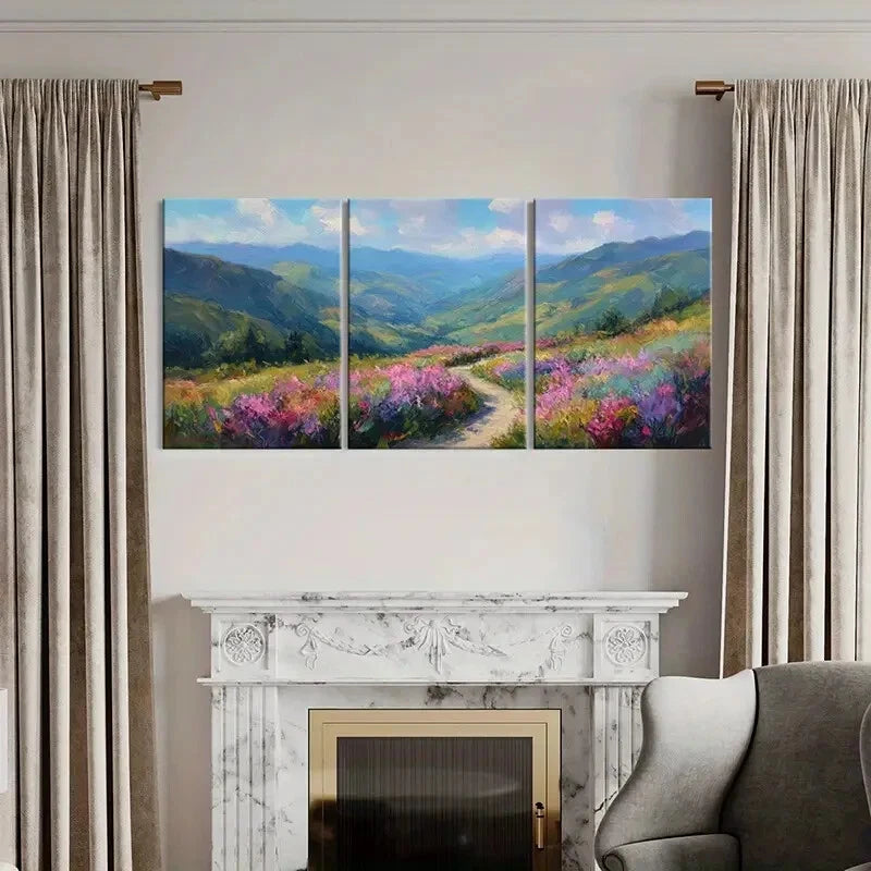 3pcs Mountain View Floral Field Pathway Metal Print Ready to Hang Art - Bella Home Decor