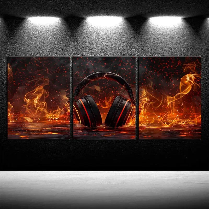 3pcs Hard style music Headphone in Fire Design Metal Print Ready to Hang Art - Bella Home Decor