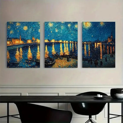 3pcs Swirling Stars and Peaceful Village Metal Print Ready to Hang Art - Bella Home Decor