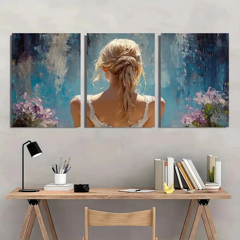 3pcs Elegant Blonde Ballerina in Blue & Pink Metal Print Ready to Hang Art - Bella Home Decor