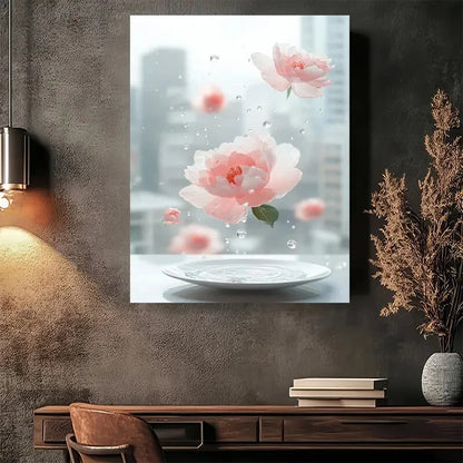 Beautiful Elegant Peony Flowers On Water Painting 40x60cm Metal Print Ready to Hang - Bella Home Decor