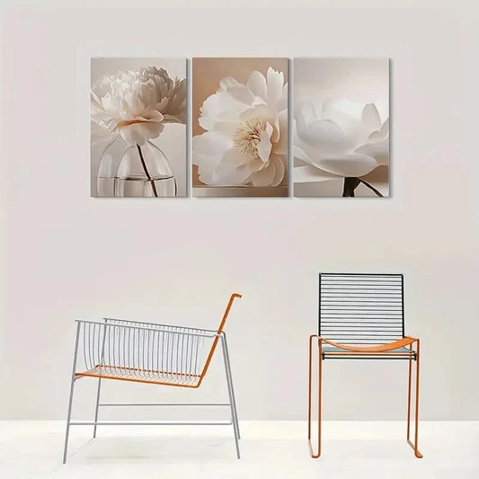 3pcs Modern Minimalist White Peony Flower Wall Art Set Canvas Framed 40x60cm - High Quality Print 100% Australian Made Wall Canvas Ready to Hang