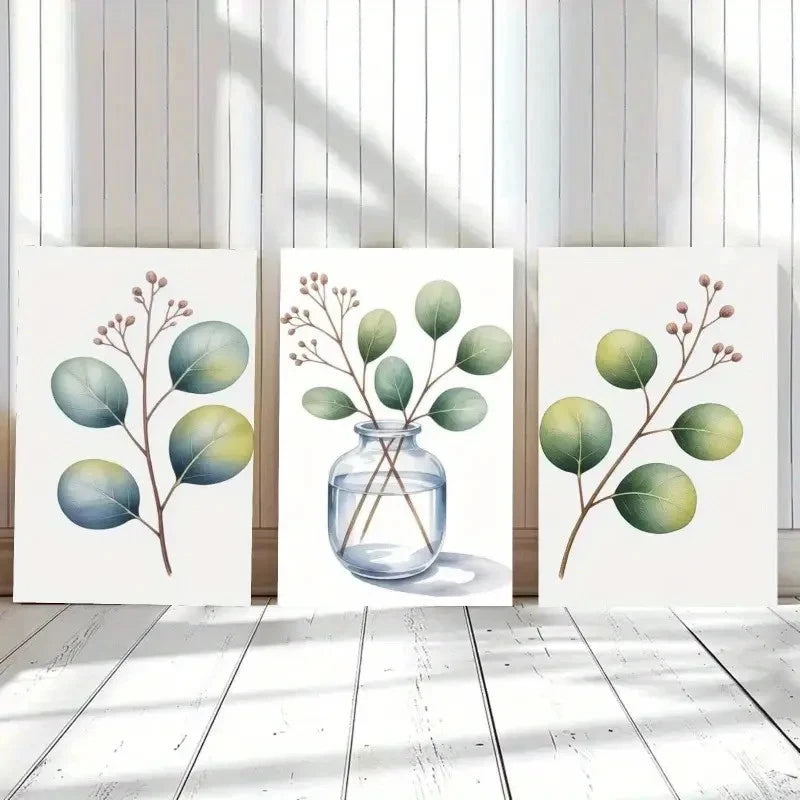 3pcs Botanical Prints with Blue & Green Leaves Metal Print Ready to Hang Art - Bella Home Decor