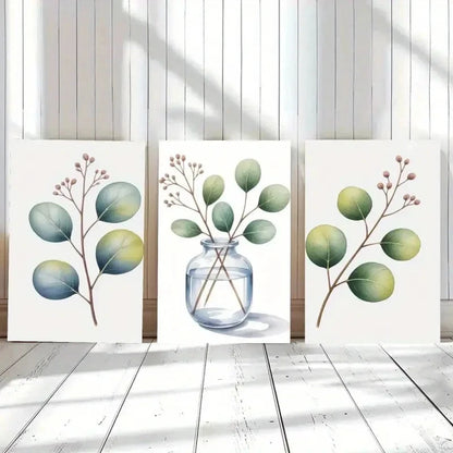 3pcs Botanical Prints with Blue & Green Leaves Metal Print Ready to Hang Art - Bella Home Decor
