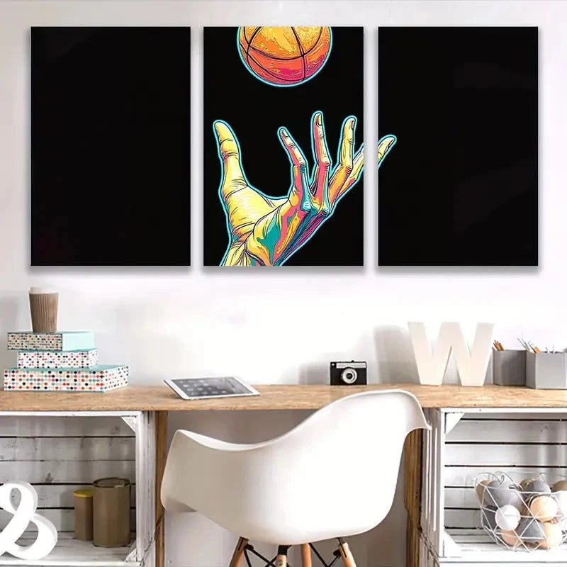 3pcs Vibrant Hand & Basketball Spray Painted  Wall Art Set Canvas Framed 60x90cm - High Quality Print 100% Australian Made Wall Canvas Ready to Hang - Bella Home Decor