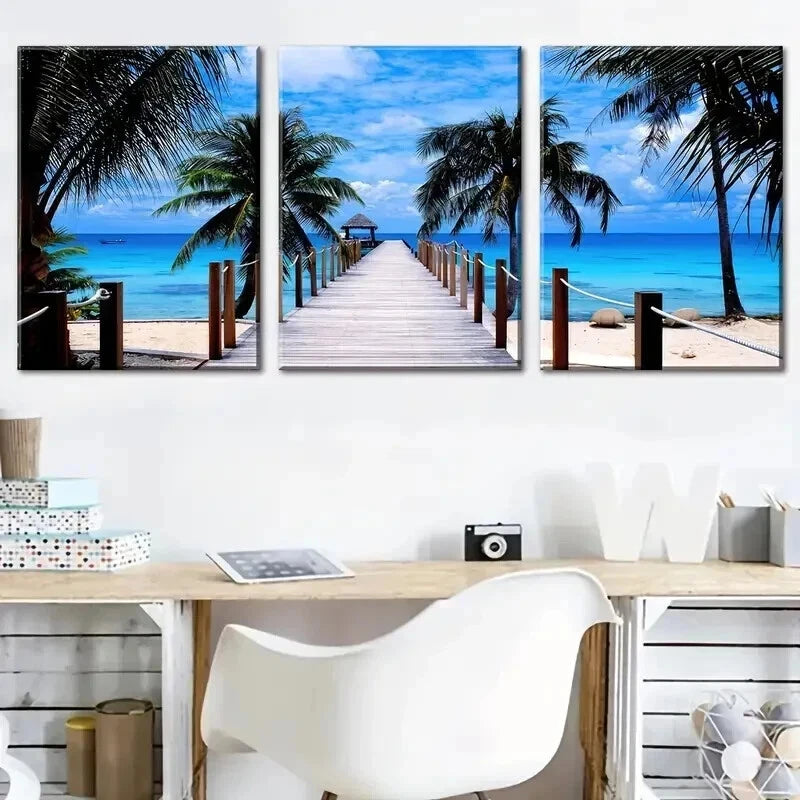 3pcs Beach Scenery with Wooden Bridges Perfect Wall Art Set Canvas Framed 50x70cm - High Quality Print 100% Australian Made Wall Canvas Ready to Hang - Bella Home Decor