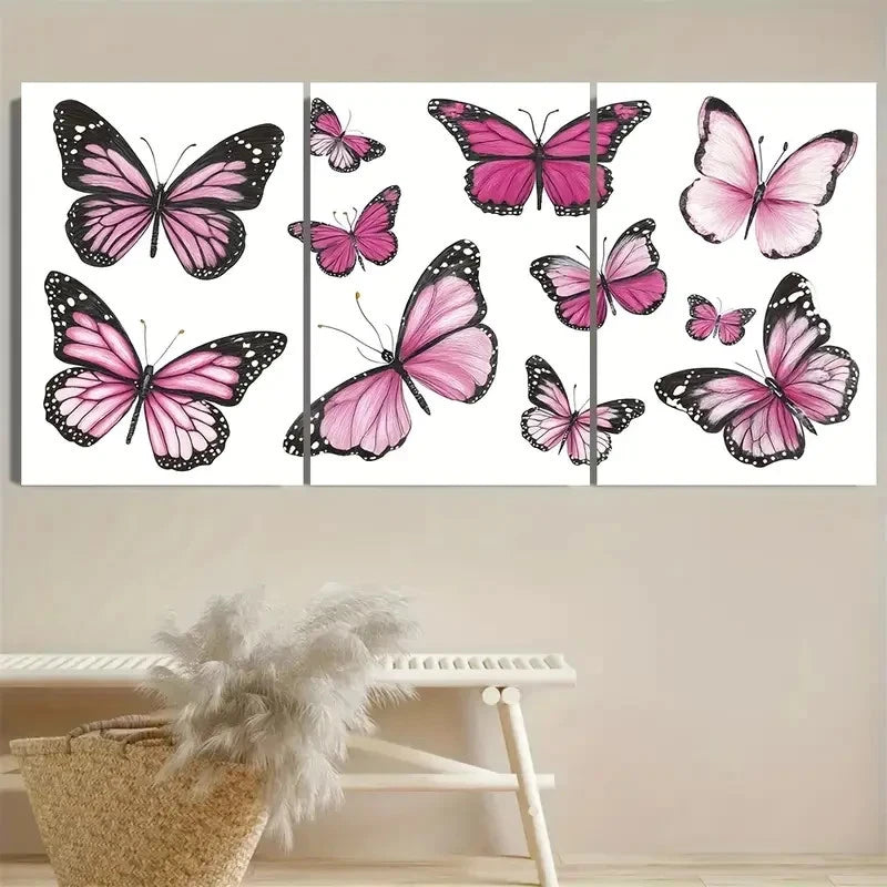 3pcs Farm Style, Pink Butterfly Des Wall Art Set Canvas Framed 40x60cm - High Quality Print 100% Australian Made Wall Canvas Ready to Hang