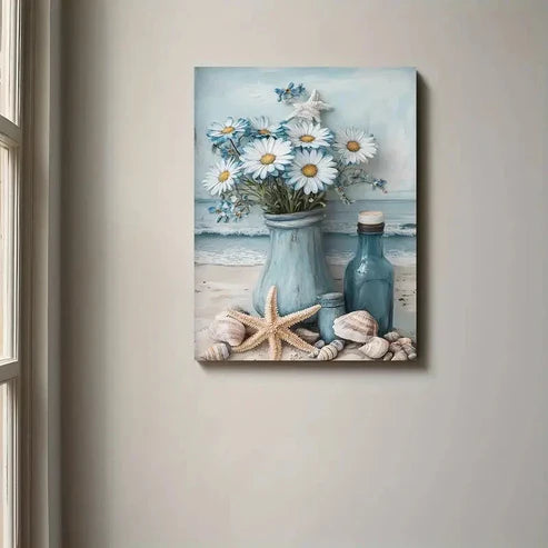 Beautiful Serene Beach & Ocean Flowers Painting 60x90cm Metal Print Ready to Hang