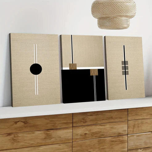 3pcs Black Round Box Lines White Lines Wall Art Set Canvas Unframed - High Quality Print 100% Australian Made Wall Canvas - Bella Home Decor
