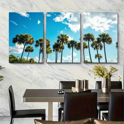 3pcs Vibrant Palm Tree & Blue Sky Perfect Wall Art Set Canvas Framed 50x70cm - High Quality Print 100% Australian Made Wall Canvas Ready to Hang