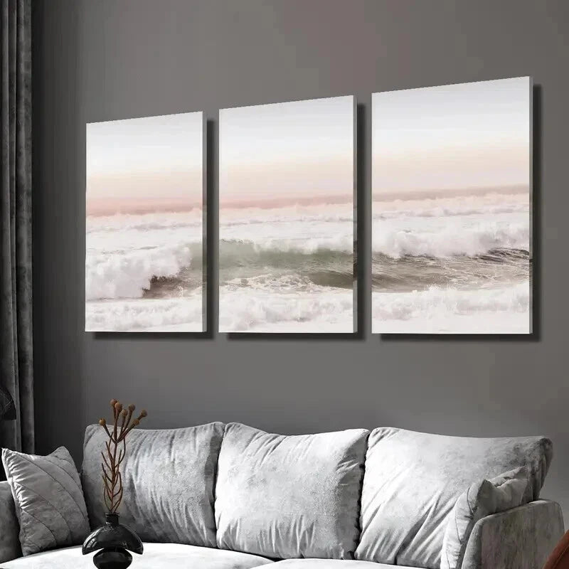 3pcs Pink Coast Sunset Ocean Scenery Wall Art Set Canvas Framed 60x90cm - High Quality Print 100% Australian Made Wall Canvas Ready to Hang