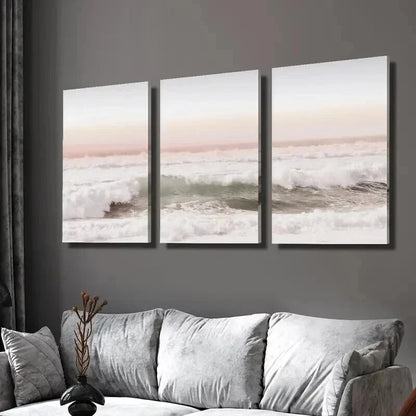 3pcs Pink Coast Sunset Ocean Scenery Wall Art Set Canvas Framed 60x90cm - High Quality Print 100% Australian Made Wall Canvas Ready to Hang