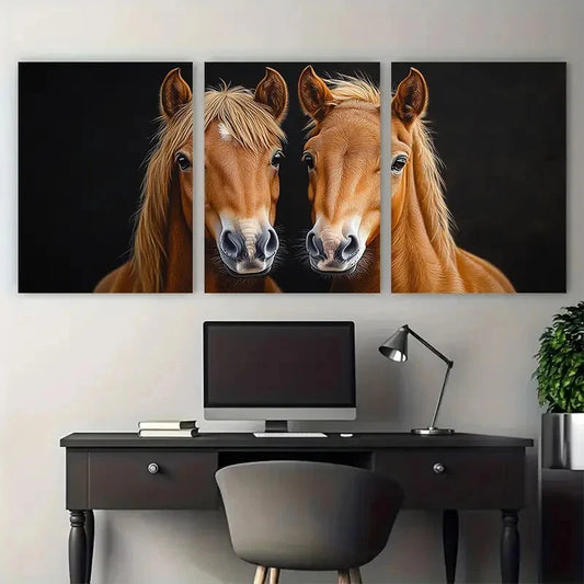 3pcs Pastel Portrait of Two Brown Horses Metal Print Ready to Hang Art