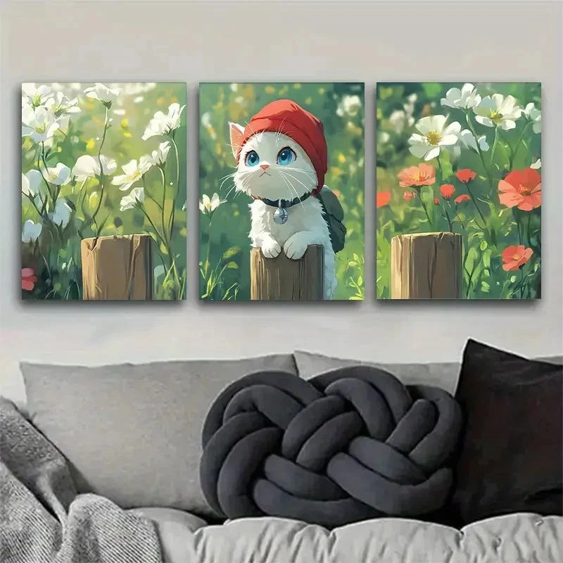 3pcs Charming White Cat in Flower Landscape Metal Print Ready to Hang Art - Bella Home Decor
