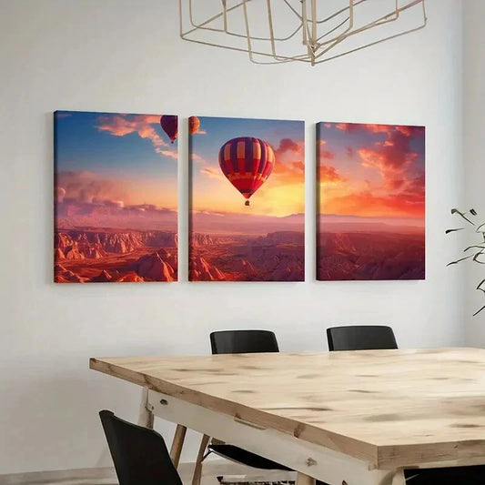 3pcs Hot Air Balloon Landscape, Sunset Glow, sky Wall Art Set Canvas Framed 40x60cm - High Quality Print 100% Australian Made Wall Canvas Ready to Hang