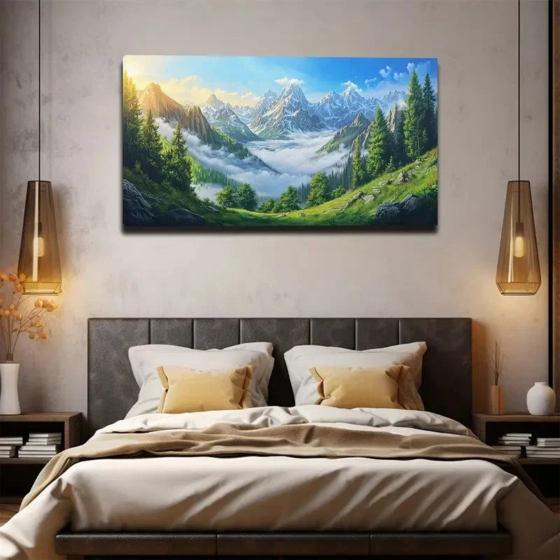 Sunlit Green Forest Landscape Wall Art canvas office home room framed 120x60cm - Bella Home Decor